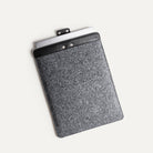 Leather laptop sleeve with MacBook partially inserted, secure button closure.