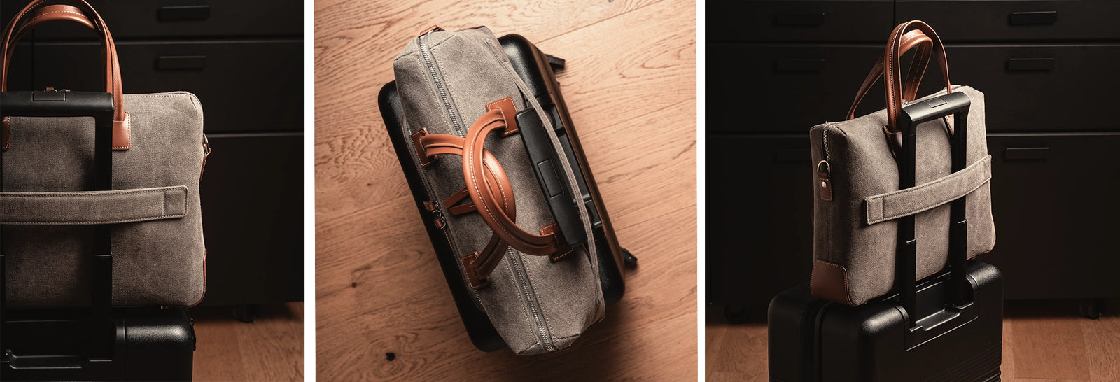 Cotton and leather briefcase ~ DANIEL - GREY and COGNAC