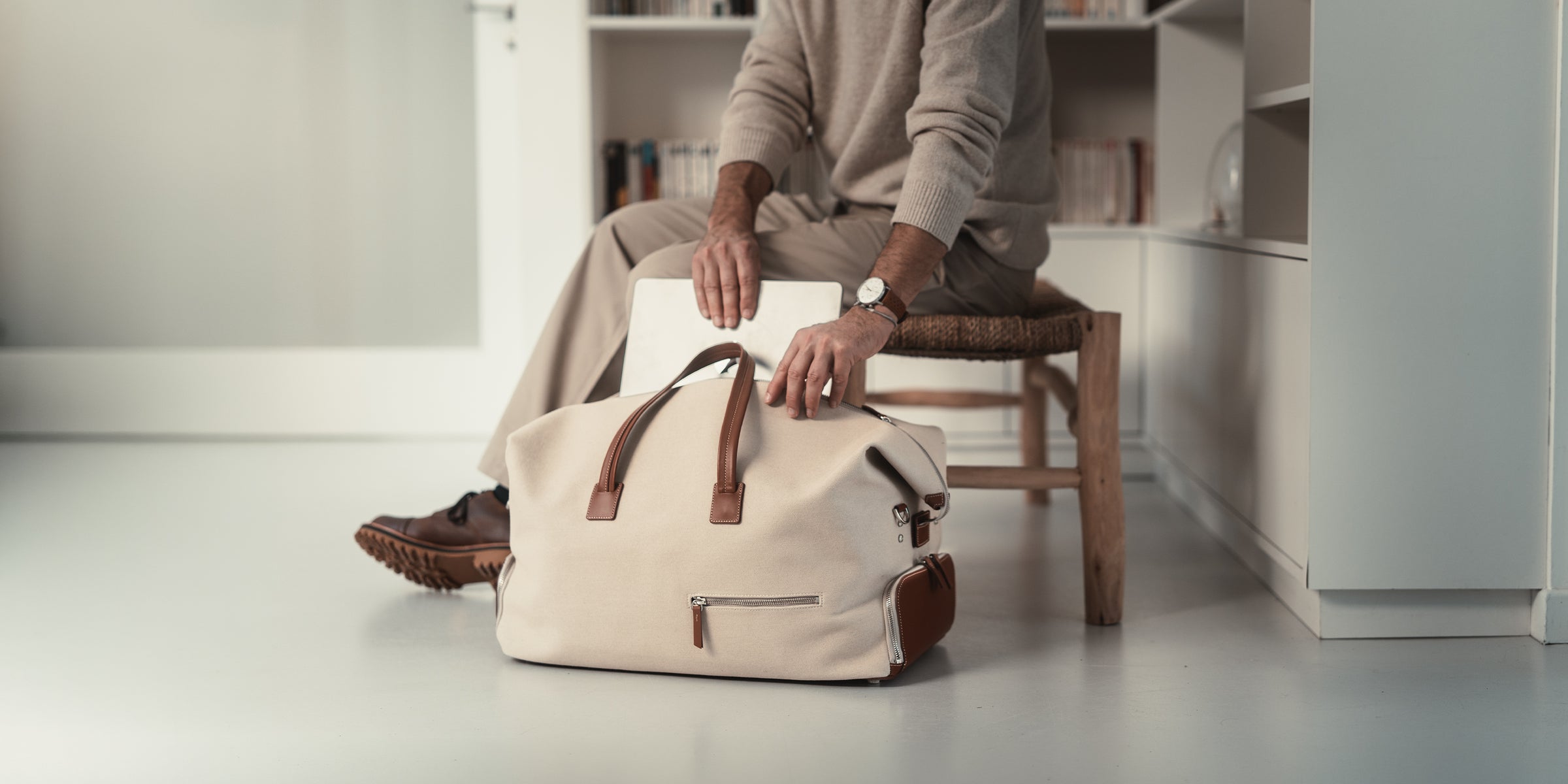 Travel bag ~ REMINGTON ~ Beige canvas & Cognac leather