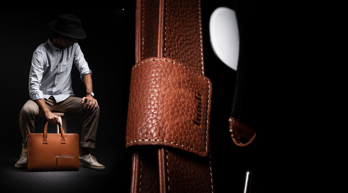 Smooth and grained leather briefcase ~ VICTOR L - NAVY