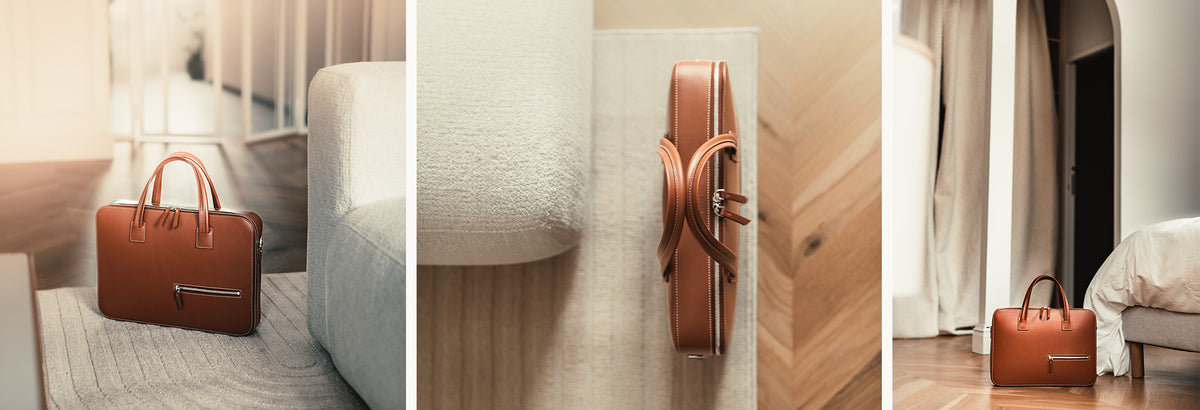 Porte-documents en cuir lisse ~ ALESSANDRO II - COGNAC